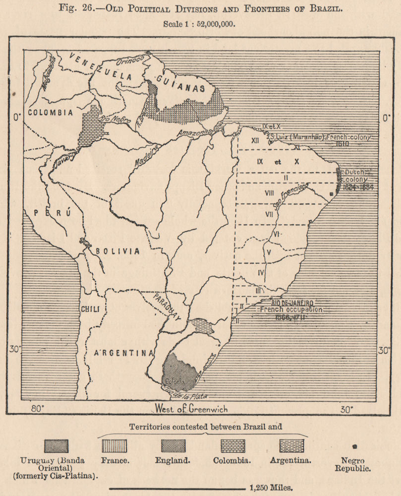 Old Political divisions & frontiers of Brazil. Disputed borders 1885 map